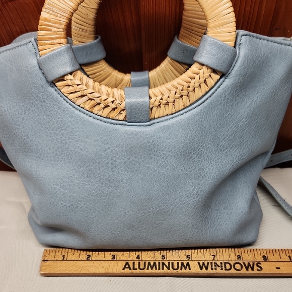 Blue Leather and Wicker Handle Bag - Picture 3 of 6